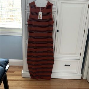 Sleeveless Striped Knit Midi Dress in Rust